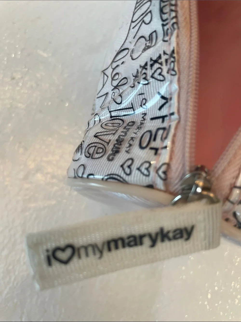 Mary Kay White Cosmetic Pouch with Black Script Print